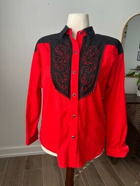 Vintage Red Western Embroidered Button Up Shirt